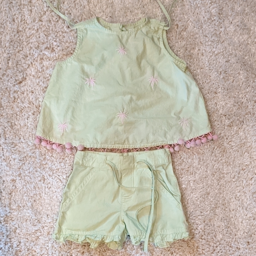JEANINE Johnson Short Set Mint Green with Pink Embroidered Palm Trees 18-24 mon